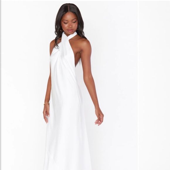 White Satin Beaded Fringe Midi Dress Asymmetrical - Picture 1 of 6